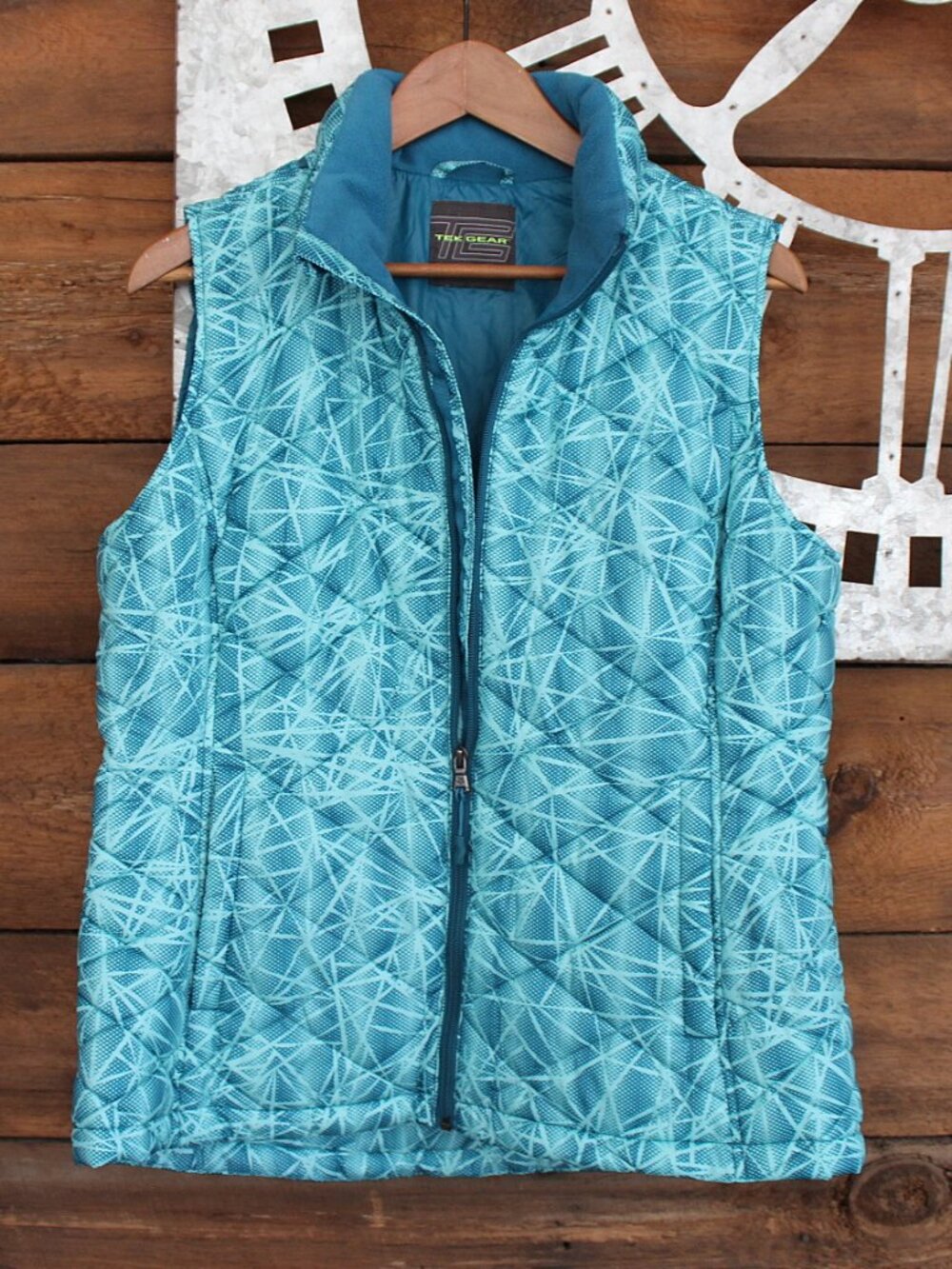 Tek Gear Quilted Puffer Vest Teal Blue Geometric Print Fleece Lined Activewear L